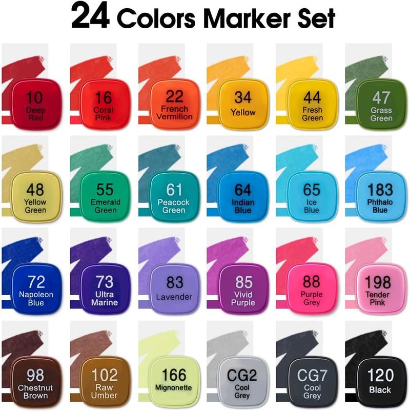 TRANSON Markers كحولية للرسم والتلوين 24 لونًا برؤوس مزدوجة رفيعة وعريضة - Image 5